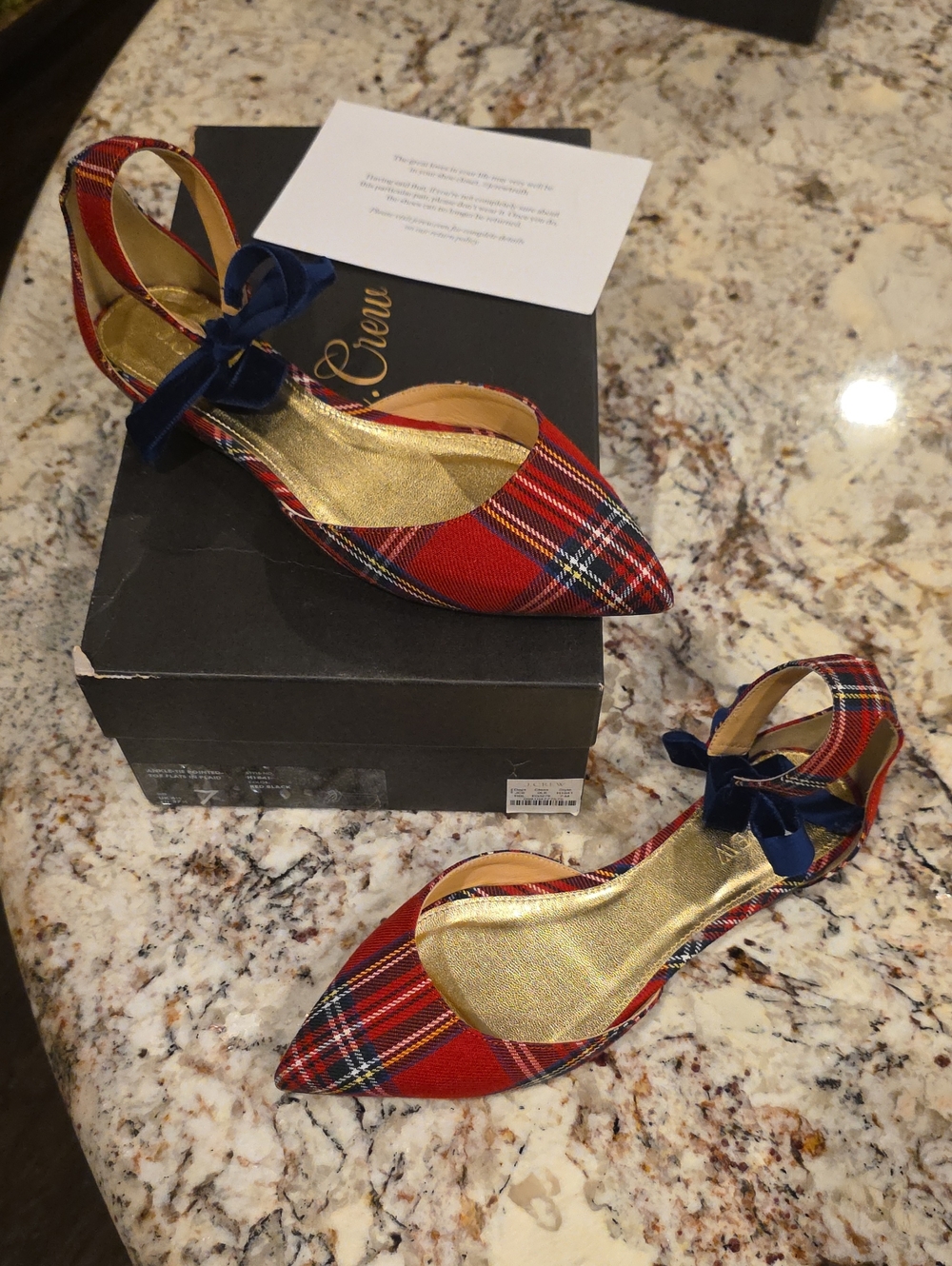 J. Crew Red Tartan Pointed Toe Slingback Flats with Navy Bow